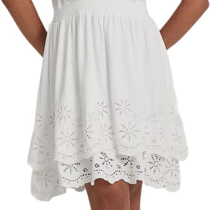 LAUREN Ralph Lauren Petite Eyelet-Embroidered Jersey Tie Neck Dress