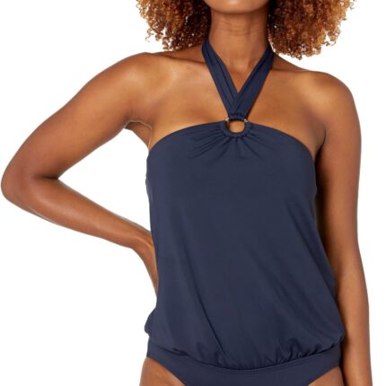MICHAEL Michael Kors Iconic Solids Logo Ring Trim Halter Blouson One-Piece With Hidden U Wire